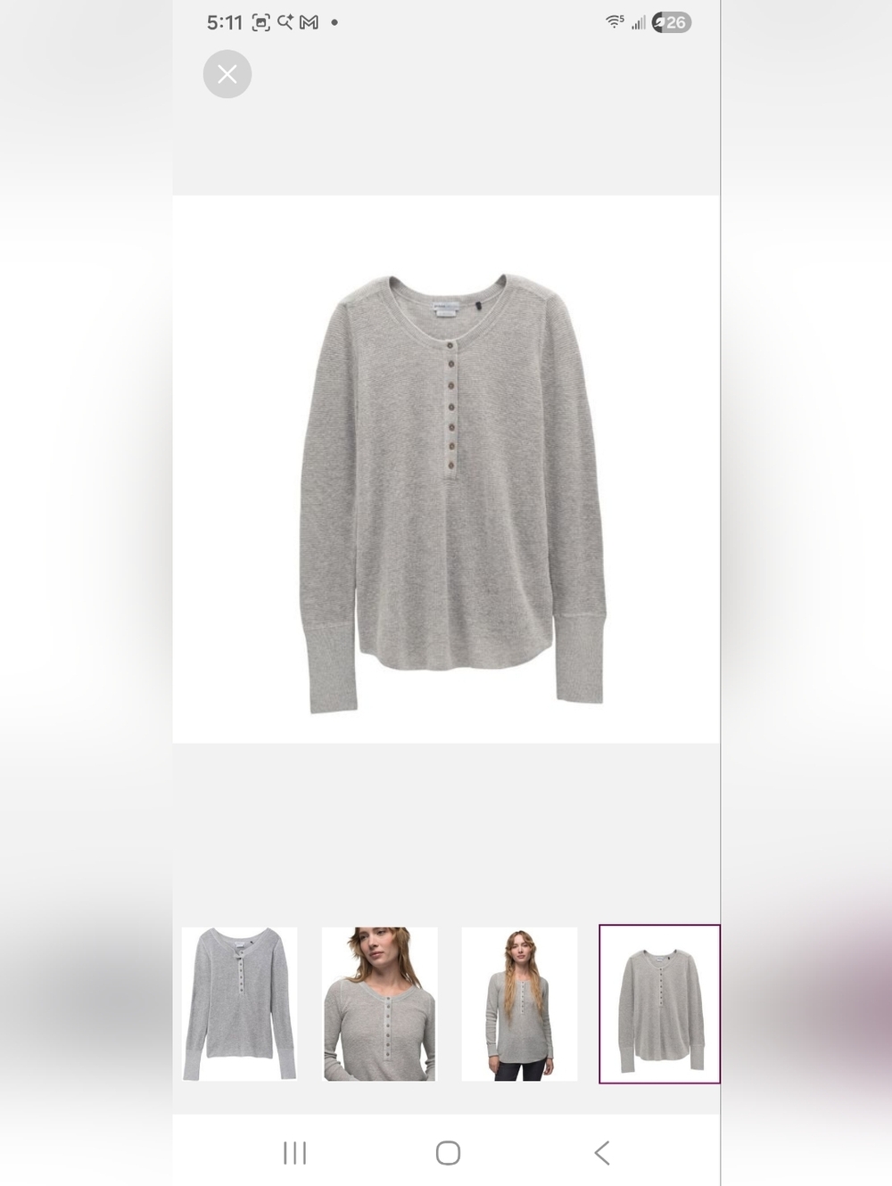 Prana MILANI WAFFLE KNIT  Henley Knit Top Gray XS